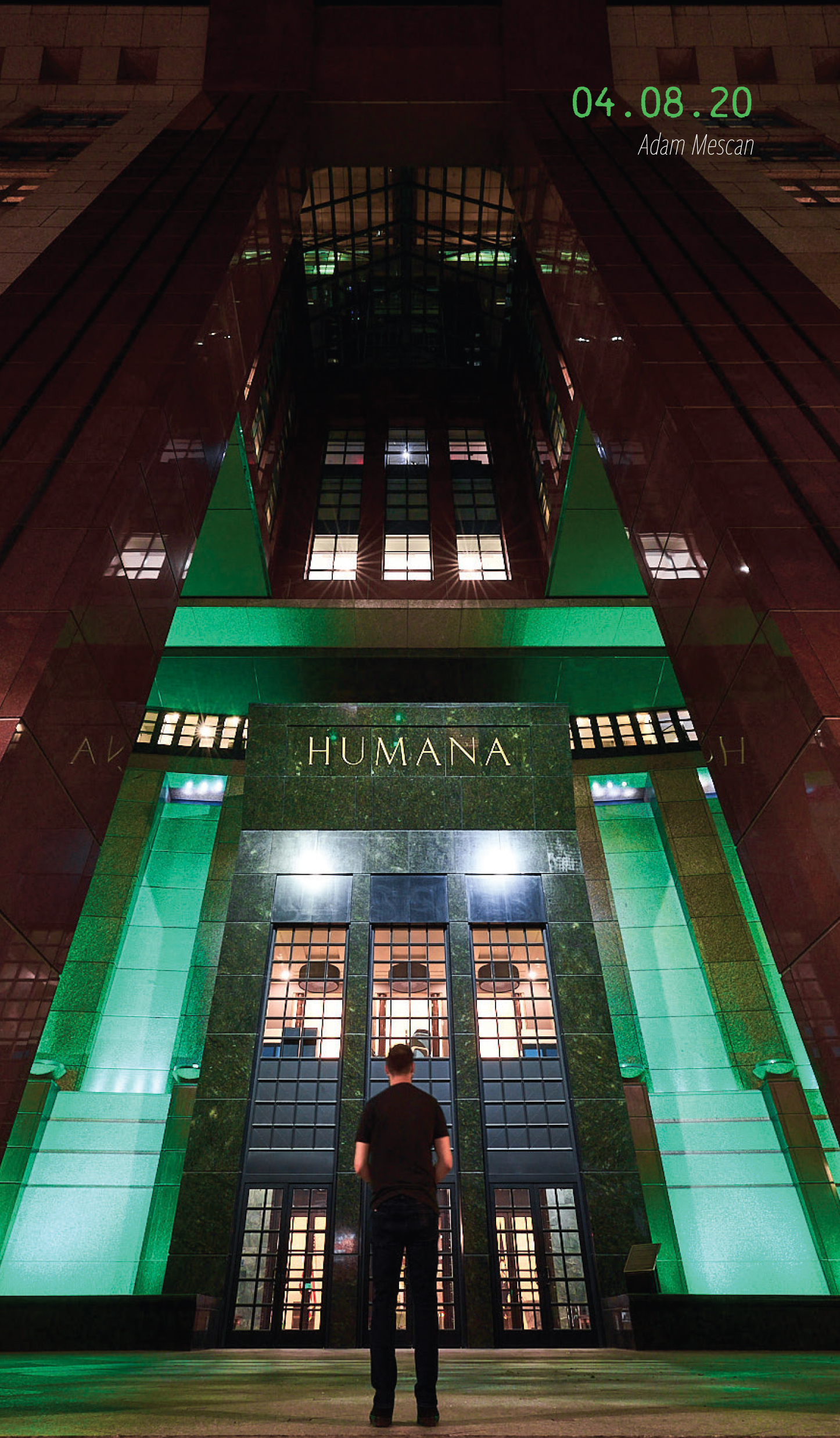 The Humana building, lit in green light. 04.08.2020, by Adam Mescan