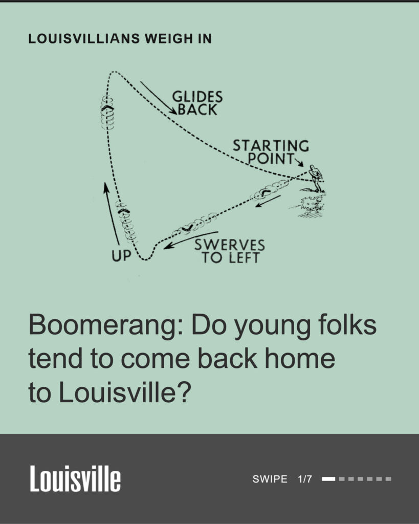 Cover slide: a hand-drawn diagram of a boomerang's flight path, labeled starting point, swerves to left, up, and glides back. Headline: Boomerang — do young folks tend to come back home to Louisville?