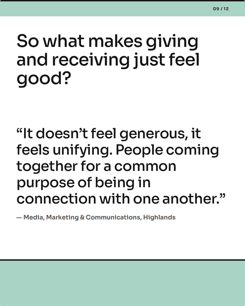 So what makes giving and receiving just feel good? “It doesn’t feel generous, it feels unifying. People coming together for a common purpose of being in connection with one another.” — Media, Marketing & Communications, Highlands.